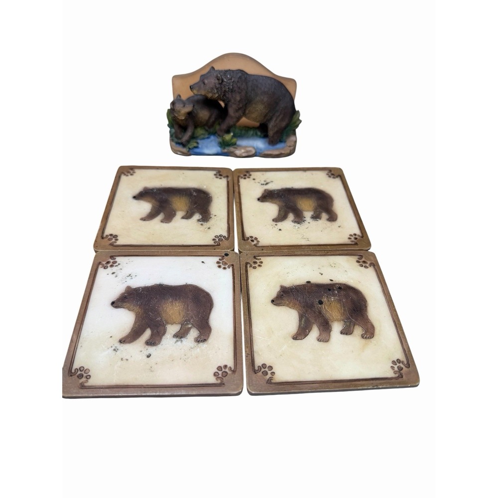 Rustic Bear Family Coaster Set Holder Cabin Lodge Wildlife Decor Outdoorsy